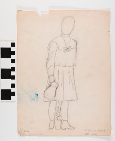 Pencil Drawing of Girl Wearing a Dress, Carrying a Pitcher, with a Plant in a Planter by Her Feet by Otto Burian